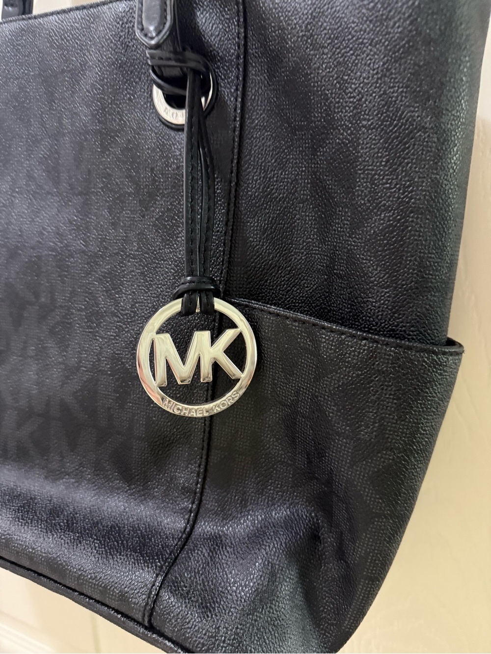 Michael Kors Black MK Logo Tote with Silver Charm - Picture 2 of 10